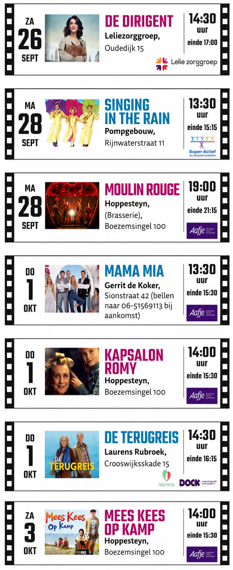 Programma Filmfestival. Alle films, tijden en locaties staan hieronder uitgeschreven.
