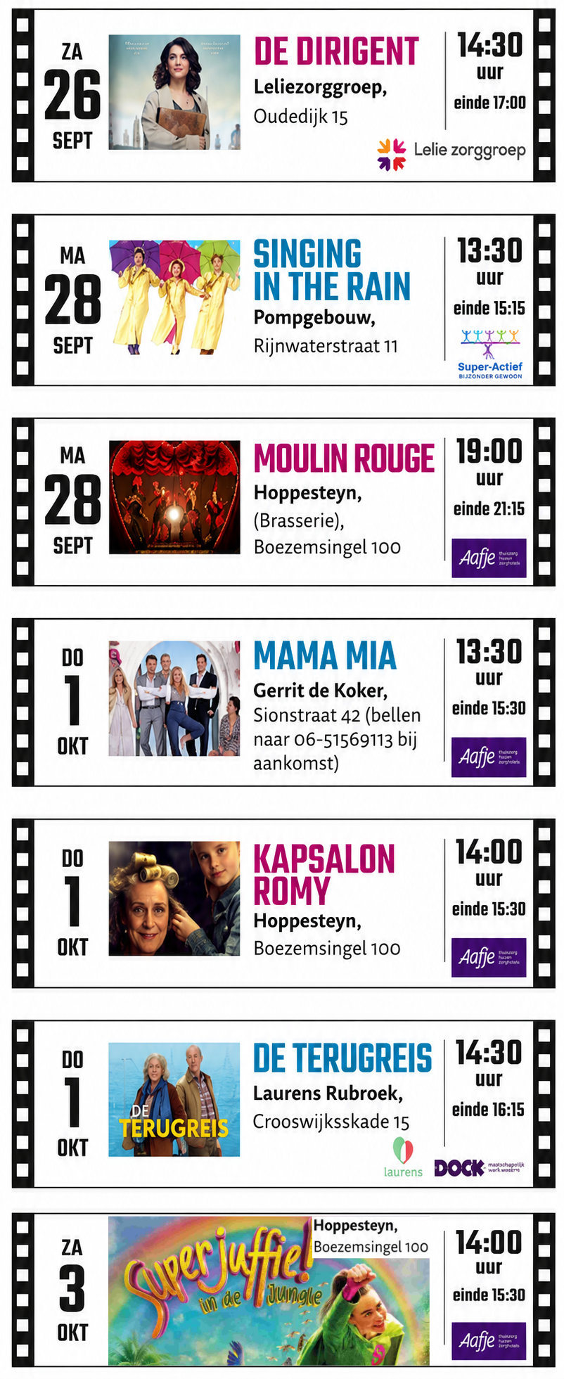 Programma Filmfestival. Alle films, tijden en locaties staan hieronder uitgeschreven.